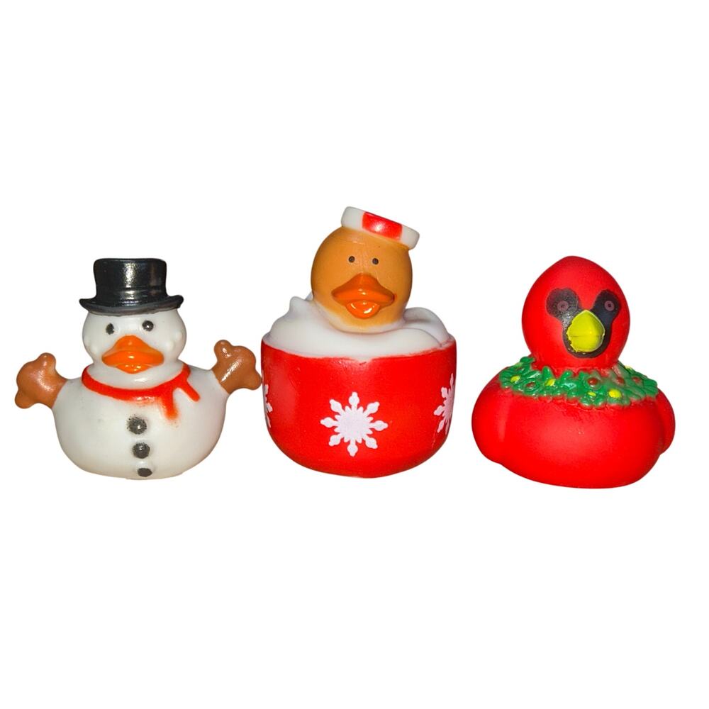NEW (3) Christmas Snowman Redbird Cup of Cocoa 2" Rubber Ducks Duckies Jeep